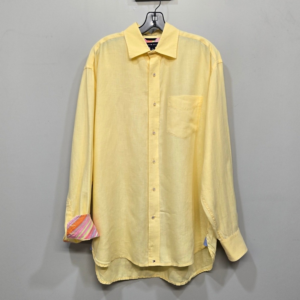 Vintage Y2K Tommy Hilfiger Button Down Shirt Medium Yellow Linen Contrast Cuff